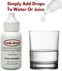 Dropper bottle of Cardio Renew EDTA Chelation liquid being added to a glass half full of water